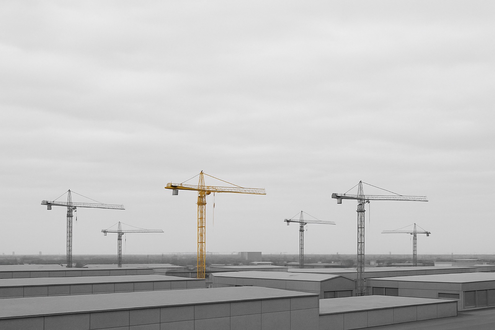 A single gold tower crane standing out among a field of grey cranes over a metro construction skyline — the scale of the market Houston contractors compete in.